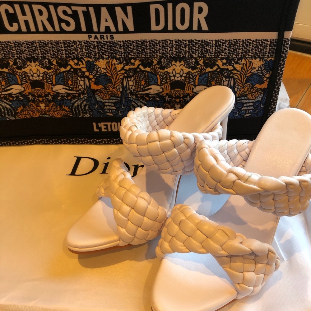 Woven white square heels